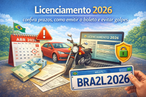 Motorista utilizando aplicativo de celular seguro para consultar o licenciamento 2026 do veículo