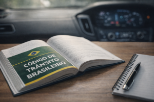 Livro do Código de Trânsito Brasileiro sobre a mesa de um agente de fiscalização